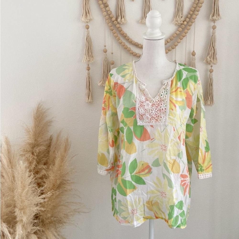 Blair vintage floral top 3/4 sleeve 60’s tropical vibes crochet accents large